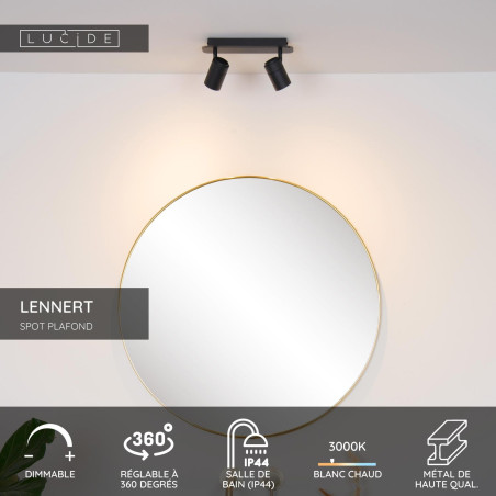 Lucide LENNERT - Spot plafond Salle de bains - LED Dim. - GU10 (MR16) - 2x5W 3000K - IP44 - Noir