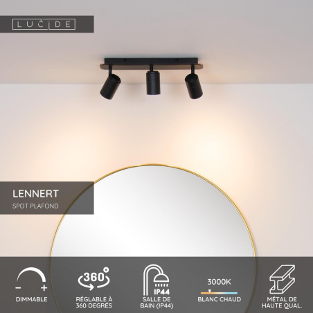 Lucide LENNERT - Spot plafond Salle de bains - LED Dim. - GU10 (MR16) - 3x5W 3000K - IP44 - Noir