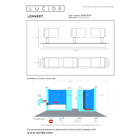 Lucide LENNERT - Spot plafond Salle de bains - LED Dim. - GU10 (MR16) - 3x5W 3000K - IP44 - Noir