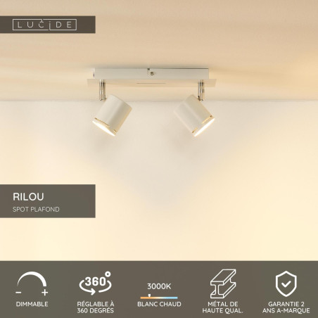 Lucide RILOU - Spot plafond - LED Dim. - GU10 (MR16) - 2x5W 3000K - Blanc
