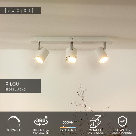 Lucide RILOU - Spot plafond - LED Dim. - GU10 (MR16) - 3x5W 3000K - Blanc