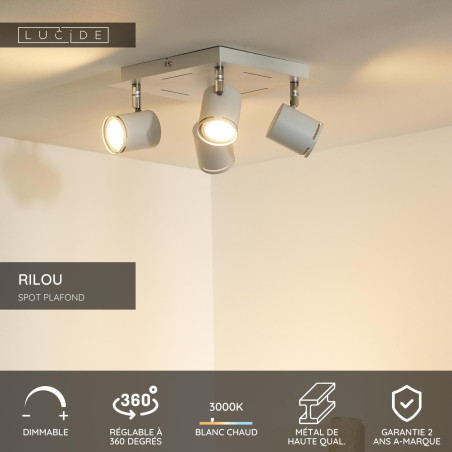 Lucide RILOU - Spot plafond - LED Dim. - GU10 (MR16) - 4x5W 3000K - Blanc