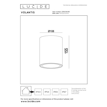 Lucide VOLANTIS - Spot plafond Intérieur/Extérieur - Ø 10,8 cm - 1xE27 - IP54 - Noir