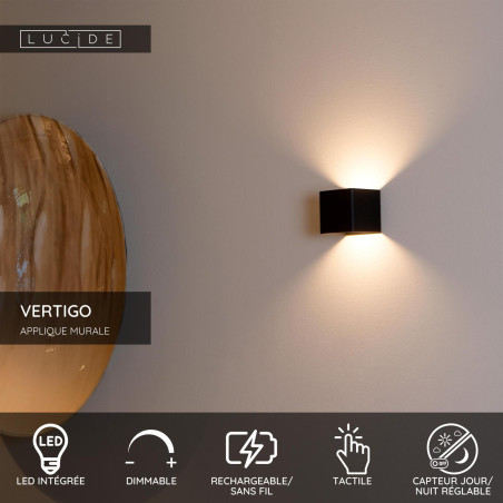 Lucide VERTIGO - Applique murale Rechargeable Intérieur/Extérieur - Batterie/Piles - LED Dim. - - L 10 x P 10 x H 10 cm - Noir