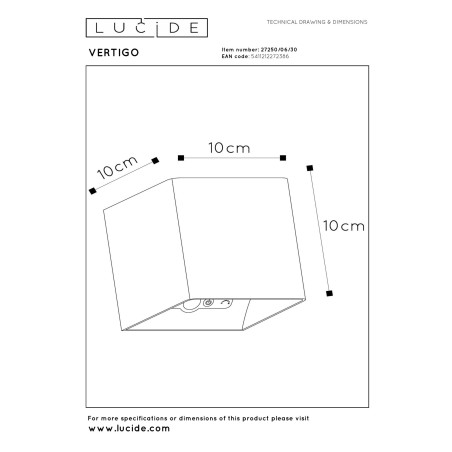 Lucide VERTIGO - Applique murale Rechargeable Intérieur/Extérieur - Batterie/Piles - LED Dim. - - L 10 x P 10 x H 10 cm - Noir