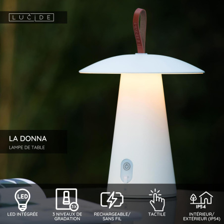Lucide LA DONNA - Lampe de table Rechargeable Intérieur/Extérieur - Batterie/Piles - Ø 19,7 cm - LED 3 StepDim - 1x2W 2700K -