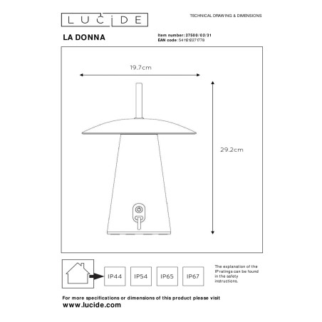 Lucide LA DONNA - Lampe de table Rechargeable Intérieur/Extérieur - Batterie/Piles - Ø 19,7 cm - LED 3 StepDim - 1x2W 2700K -