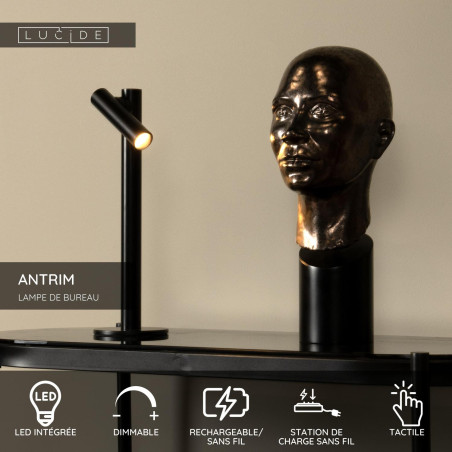 Lucide ANTRIM - Lampe de bureau Rechargeable Intérieur/Extérieur - Batterie/Piles - LED Dim. - 1x2,2W - L 11 x P 11 x H 35,8 cm