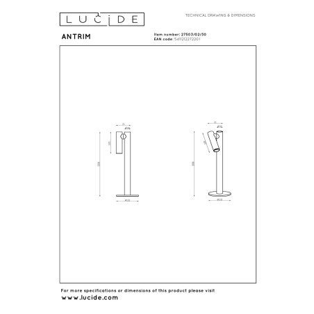Lucide ANTRIM - Lampe de bureau Rechargeable Intérieur/Extérieur - Batterie/Piles - LED Dim. - 1x2,2W - L 11 x P 11 x H 35,8 cm