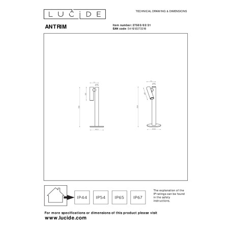 Lucide ANTRIM - Lampe de bureau Rechargeable Intérieur/Extérieur - Batterie/Piles - LED Dim. - 1x2,2W - L 11 x P 11 x H 43 cm