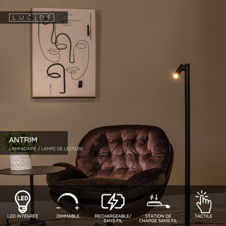 Lucide ANTRIM - Lampadaire / lampe de lecture Rechargeable Intérieur/Extérieur - - L 20 x P 20 x H 120 cm - Noir