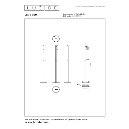 Lucide ANTRIM - Lampadaire / lampe de lecture Rechargeable Intérieur/Extérieur - - L 20 x P 20 x H 120 cm - Noir