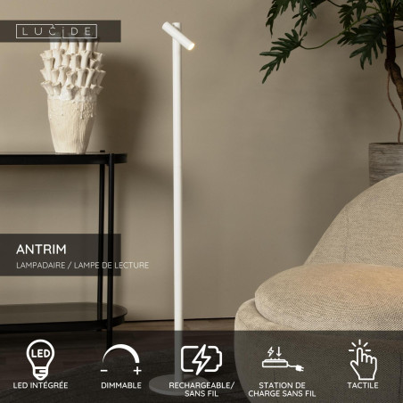Lucide ANTRIM - Lampadaire / lampe de lecture Rechargeable Intérieur/Extérieur - - L 20 x P 20 x H 120 cm - Blanc