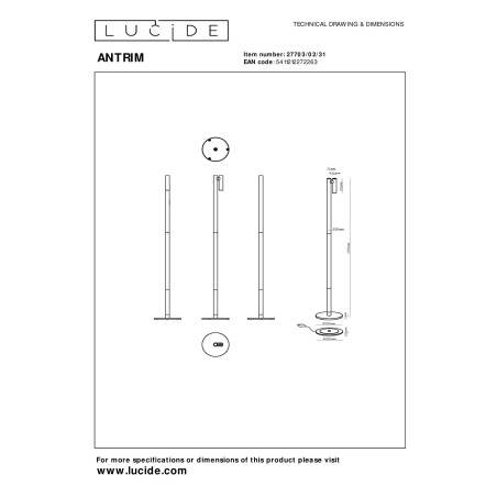 Lucide ANTRIM - Lampadaire / lampe de lecture Rechargeable Intérieur/Extérieur - - L 20 x P 20 x H 120 cm - Blanc