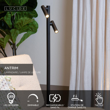Lucide ANTRIM - Lampadaire / lampe de lecture Rechargeable Intérieur/Extérieur - Batterie/Piles - LED Dim. - 2x2,2W 2700K -