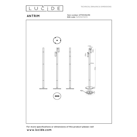 Lucide ANTRIM - Lampadaire / lampe de lecture Rechargeable Intérieur/Extérieur - Batterie/Piles - LED Dim. - 2x2,2W 2700K -