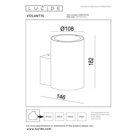 Lucide VOLANTIS - Spot mural / Applique mural Intérieur/Extérieur - 1xE27 - IP54 - Noir