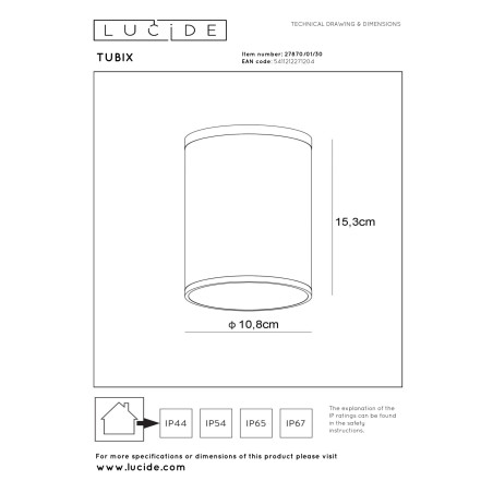 Lucide TUBIX - Spot plafond Intérieur/Extérieur - Ø 10,8 cm - 1xE27 - IP54 - Anthracite