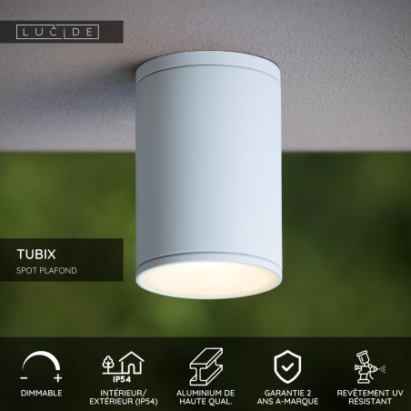 Lucide TUBIX - Spot plafond Intérieur/Extérieur - Ø 10,8 cm - 1xE27 - IP54 - Blanc