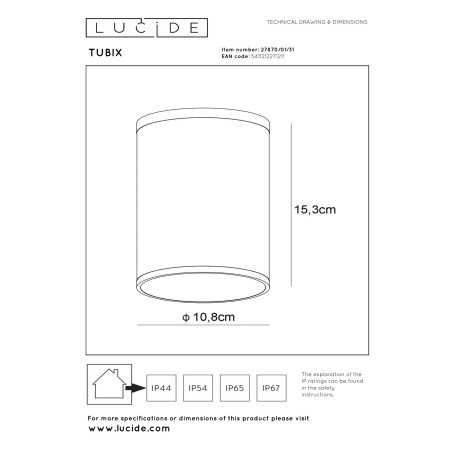 Lucide TUBIX - Spot plafond Intérieur/Extérieur - Ø 10,8 cm - 1xE27 - IP54 - Blanc
