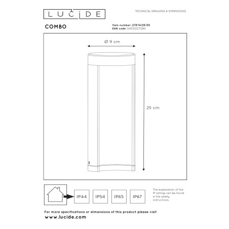Lucide COMBO - Borne extérieur - Ø 9 cm - LED - 1x9W 3000K - IP54 - Noir - H 25 cm