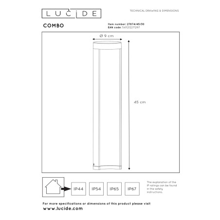 Lucide COMBO - Borne extérieur - Ø 9 cm - LED - 1x9W 3000K - IP54 - Noir - H 45 cm