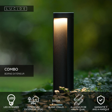 Lucide COMBO - Borne extérieur - Ø 9 cm - LED - 1x9W 3000K - IP54 - Noir - H 65 cm