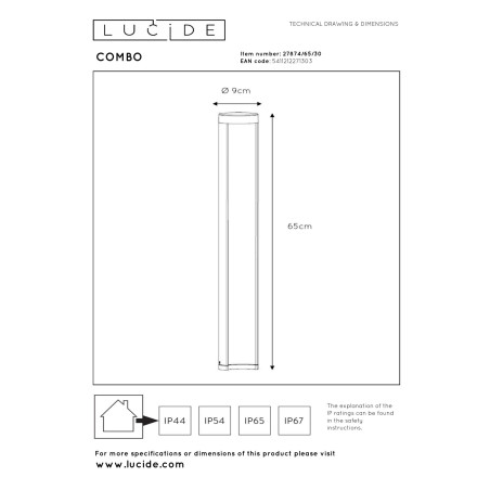 Lucide COMBO - Borne extérieur - Ø 9 cm - LED - 1x9W 3000K - IP54 - Noir - H 65 cm