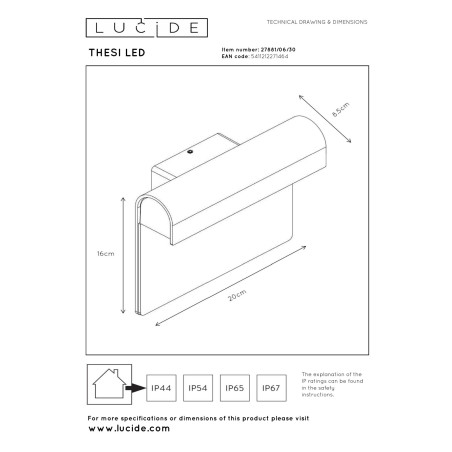 Lucide THESI LED - Applique murale Intérieur/Extérieur - LED - 1x8W 3000K - IP54 - Noir