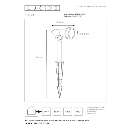 Lucide SPIKE - Spot de jardin - Ø 6,5 cm - LED Dim. - GU10 (MR16) - 1x5W 3000K - IP54 - Noir