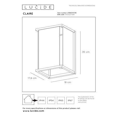 Lucide CLAIRE - Applique murale Intérieur/Extérieur - 1xE27 - IP54 - Anthracite