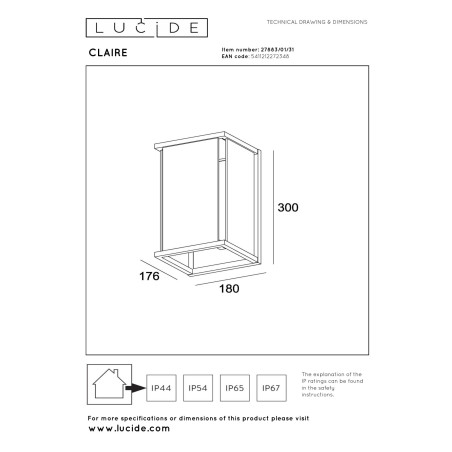 Lucide CLAIRE - Applique murale Intérieur/Extérieur - 1xE27 - IP54 - Blanc