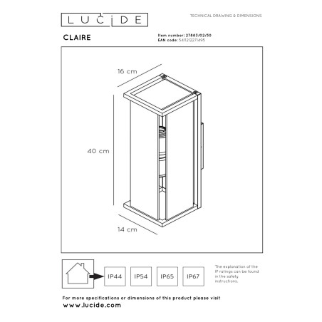 Lucide CLAIRE - Applique murale Intérieur/Extérieur - 2xE27 - IP54 - Anthracite