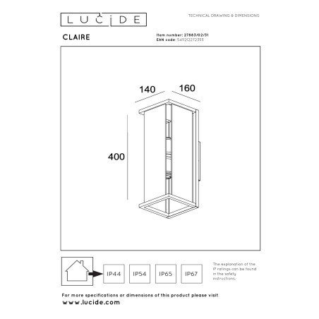 Lucide CLAIRE - Applique murale Intérieur/Extérieur - 2xE27 - IP54 - Blanc