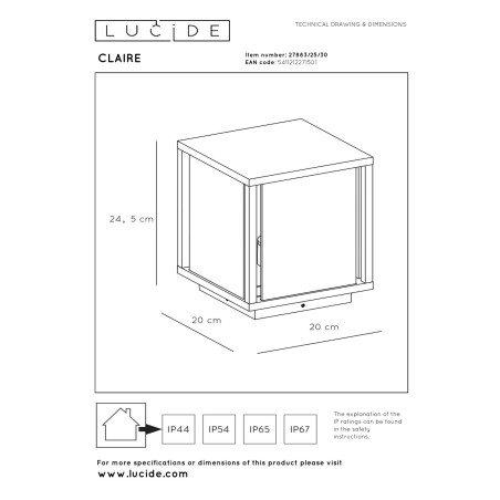 Lucide CLAIRE - Borne extérieur - 1xE27 - IP54 - Anthracite