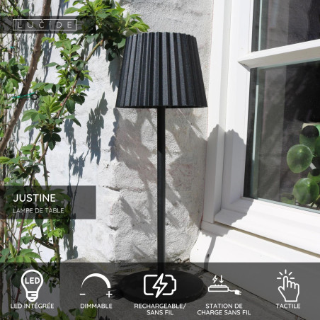 Lucide JUSTINE - Lampe de table Rechargeable Intérieur/Extérieur - Batterie/Piles - LED - L 13,5 x P 13,5 x H 38 cm - Noir