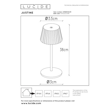 Lucide JUSTINE - Lampe de table Rechargeable Intérieur/Extérieur - Batterie/Piles - LED - L 13,5 x P 13,5 x H 38 cm - Blanc