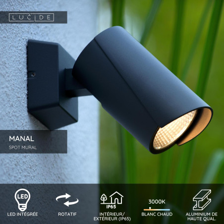 Lucide MANAL - Spot mural / Applique mural Intérieur/Extérieur - LED - 1x13W 3000K - IP65 - Anthracite
