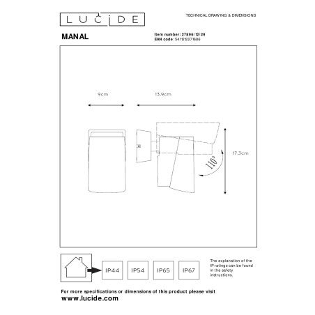 Lucide MANAL - Spot mural / Applique mural Intérieur/Extérieur - LED - 1x13W 3000K - IP65 - Anthracite