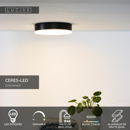 Lucide CERES-LED - Plafonnier Salle de bains - Ø 21,5 cm - LED Dim. - 1x30W 3000K - IP44 - Noir