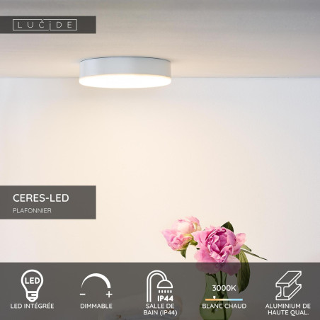 Lucide CERES-LED - Plafonnier Salle de bains - Ø 21,5 cm - LED Dim. - 1x30W 3000K - IP44 - Blanc