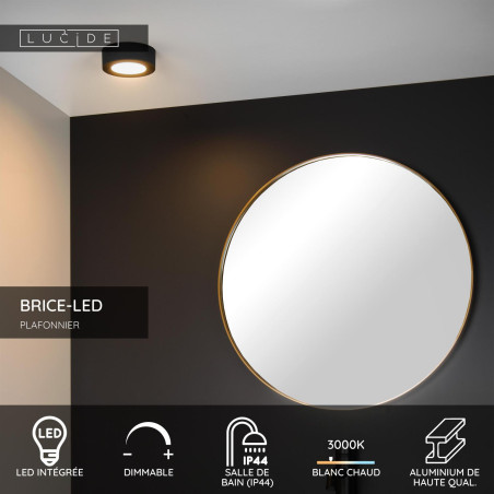 Lucide BRICE-LED - Plafonnier Salle de bains - Ø 11,7 cm - LED Dim. - 1x8W 3000K - IP44 - Noir