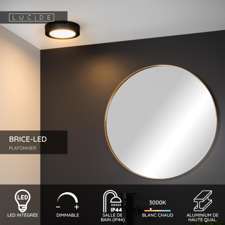 Lucide BRICE-LED - Plafonnier Salle de bains - Ø 18 cm - LED Dim. - 1x12W 3000K - IP44 - Noir