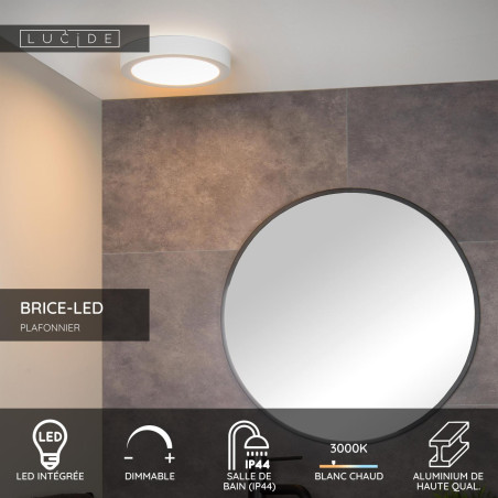 Lucide BRICE-LED - Plafonnier Salle de bains - Ø 24 cm - LED Dim. - 1x15W 3000K - IP44 - Blanc