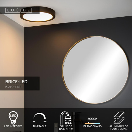 Lucide BRICE-LED - Plafonnier Salle de bains - Ø 30 cm - LED Dim. - 1x30W 3000K - IP44 - Noir