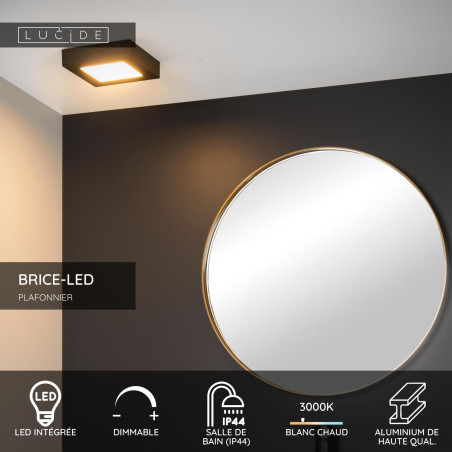 Lucide BRICE-LED - Plafonnier Salle de bains - LED Dim. - 1x15W 3000K - IP44 - Noir