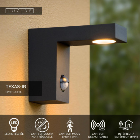 Lucide TEXAS-IR - Spot mural / Applique mural Intérieur/Extérieur - LED - 1x7W 3000K - IP54- Détecteur De Mouvement & Jour/Nuit