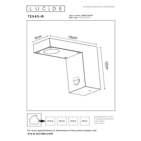Lucide TEXAS-IR - Spot mural / Applique mural Intérieur/Extérieur - LED - 1x7W 3000K - IP54- Détecteur De Mouvement & Jour/Nuit