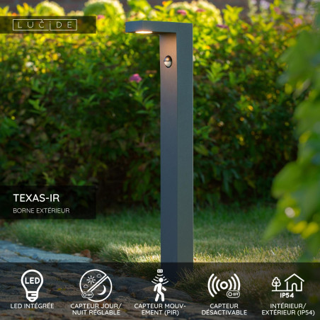 Lucide TEXAS-IR - Borne extérieur - LED - 1x7W 3000K - IP54- Détecteur De Mouvement & Jour/Nuit (désactivable) - Anthracite