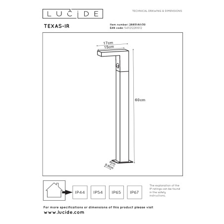 Lucide TEXAS-IR - Borne extérieur - LED - 1x7W 3000K - IP54- Détecteur De Mouvement & Jour/Nuit (désactivable) - Anthracite